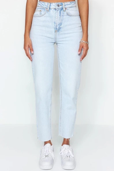 Stil Kadın Moda Denim Kot Pantolon Uzun Boru Paça Yüksek Bel Slim Mom Jeans - 4