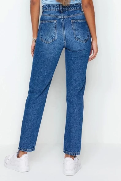 Stil Kadın Moda Denim Kot Pantolon Regular Geniş Paça Mavi Yüksek Bel Mom Jeans - 6