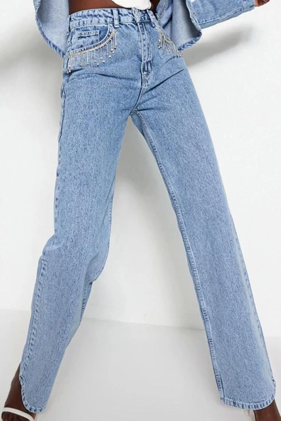 Stil Kadın Moda Denim Kot Pantolon Uzun Geniş Paça Mavi Aksesuar Detaylı Yüksek Bel Jeans - 3
