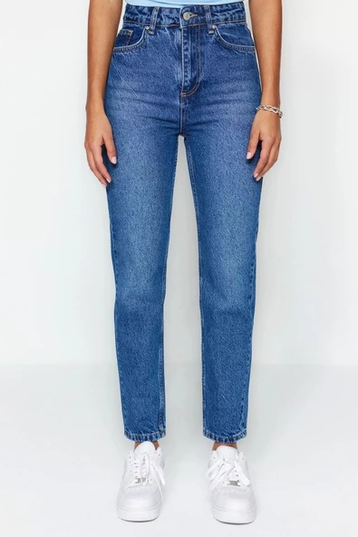 Stil Kadın Moda Denim Kot Pantolon Regular Geniş Paça Mavi Yüksek Bel Mom Jeans - 5