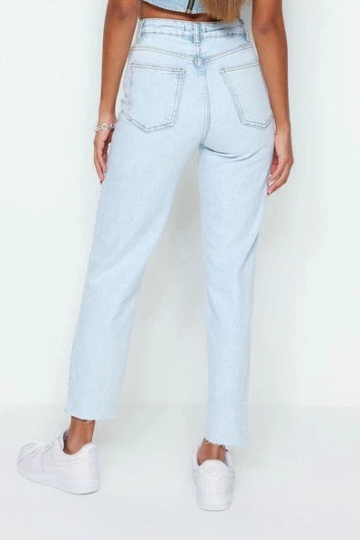 Stil Kadın Moda Denim Kot Pantolon Uzun Boru Paça Yüksek Bel Slim Mom Jeans - 6
