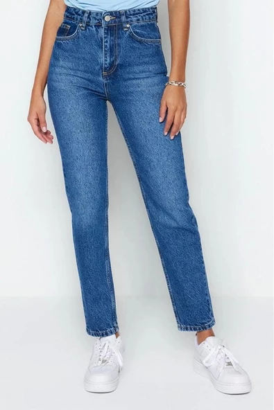Stil Kadın Moda Denim Kot Pantolon Regular Geniş Paça Mavi Yüksek Bel Mom Jeans - 3