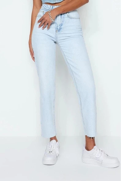 Stil Kadın Moda Denim Kot Pantolon Uzun Boru Paça Yüksek Bel Slim Mom Jeans - 2