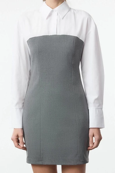 Moda Stil Slim Gömlek Yaka Mini Boy Düz Bodycone Straplez Detaylı Dokuma Gömlek Elbise - Resim 2