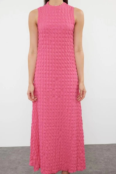 Moda Stil Regular Bisiklet Yaka Maxi Boy Düz Dokulu A Kesim Çan Form Dokulu Elbise - 2