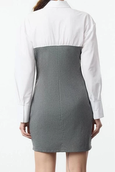 Moda Stil Slim Gömlek Yaka Mini Boy Düz Bodycone Straplez Detaylı Dokuma Gömlek Elbise - Resim 3