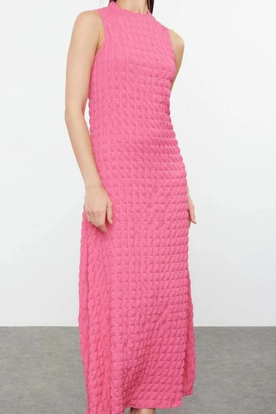 Moda Stil Regular Bisiklet Yaka Maxi Boy Düz Dokulu A Kesim Çan Form Dokulu Elbise - 4