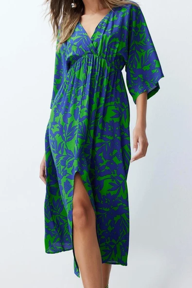 Moda Stil Regular Kruvaze Midi Boy Çiçek Desenli A Kesim Yaka Dokuma Elbise - Resim 2