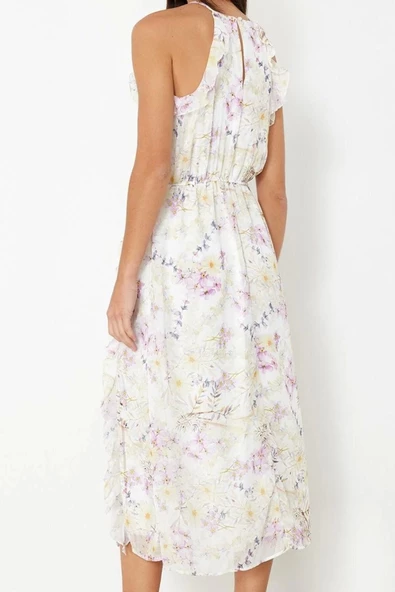 Moda Regular Halter Yaka Maxi Boy Çiçek Desenli A Kesim Fırfır Detaylı Şifon astarlı Dokuma Elbise - 5