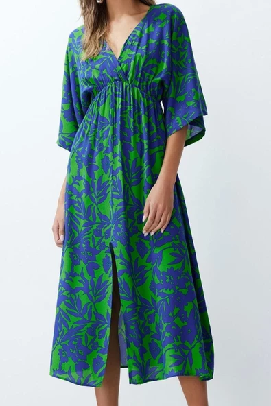 Moda Stil Regular Kruvaze Midi Boy Çiçek Desenli A Kesim Yaka Dokuma Elbise