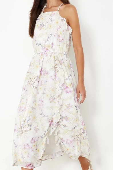 Moda Regular Halter Yaka Maxi Boy Çiçek Desenli A Kesim Fırfır Detaylı Şifon astarlı Dokuma Elbise - 1