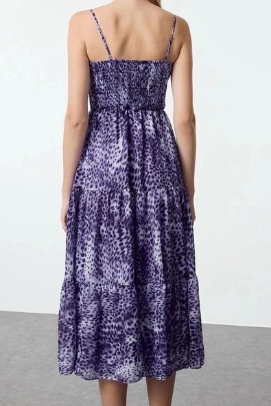 Moda Stil Regular Kalp Yaka Midi Boy Desenli Skater Dokuma Elbise - 5