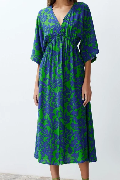 Moda Stil Regular Kruvaze Midi Boy Çiçek Desenli A Kesim Yaka Dokuma Elbise - Resim 3