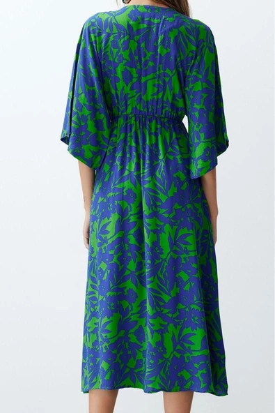 Moda Stil Regular Kruvaze Midi Boy Çiçek Desenli A Kesim Yaka Dokuma Elbise - Resim 5