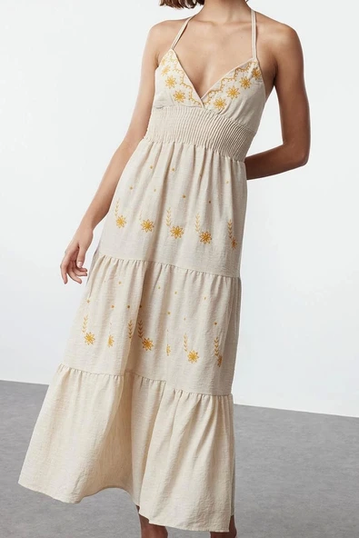 Moda Stil Regular V Yaka Midi Boy Çiçekli Dokuma Elbise - Resim 3