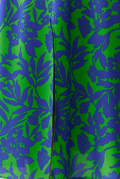 Moda Stil Regular Kruvaze Midi Boy Çiçek Desenli A Kesim Yaka Dokuma Elbise - Resim 6