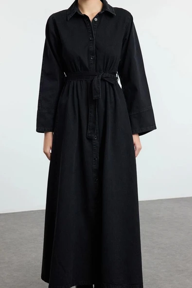 Moda Stil Regular Gömlek Yaka Maxi Boy Gömlek Denim Modest Elbise