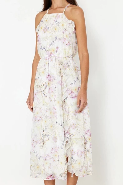 Moda Regular Halter Yaka Maxi Boy Çiçek Desenli A Kesim Fırfır Detaylı Şifon astarlı Dokuma Elbise - 3