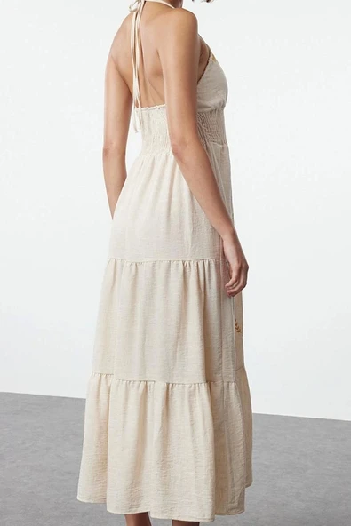 Moda Stil Regular V Yaka Midi Boy Çiçekli Dokuma Elbise - Resim 5