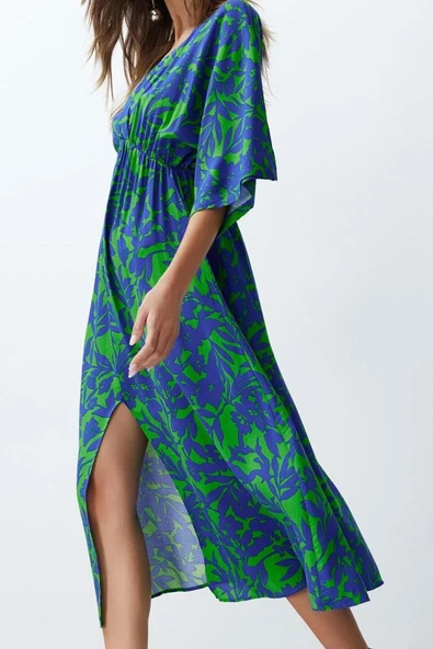 Moda Stil Regular Kruvaze Midi Boy Çiçek Desenli A Kesim Yaka Dokuma Elbise - Resim 4