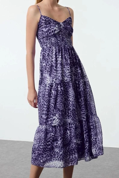 Moda Stil Regular Kalp Yaka Midi Boy Desenli Skater Dokuma Elbise - 4