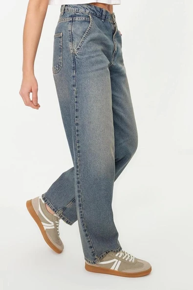 Stil Kadın Moda Denim Kot Pantolon Regular Geniş Paça Solukli Vintage Düşük Bel Skater Jeans - 2