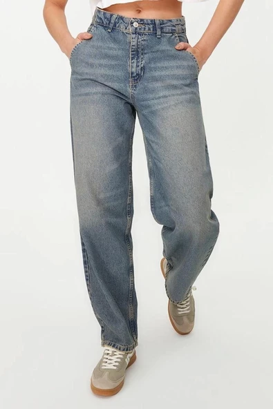 Stil Kadın Moda Denim Kot Pantolon Regular Geniş Paça Solukli Vintage Düşük Bel Skater Jeans - 3