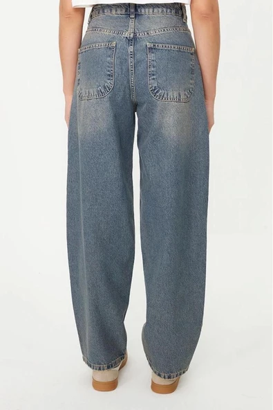 Stil Kadın Moda Denim Kot Pantolon Regular Geniş Paça Solukli Vintage Düşük Bel Skater Jeans - 6