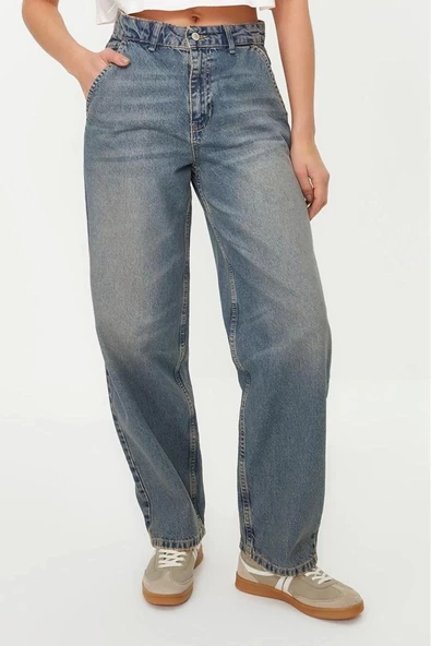 Stil Kadın Moda Denim Kot Pantolon Regular Geniş Paça Solukli Vintage Düşük Bel Skater Jeans - 1