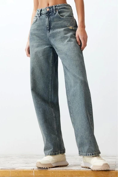 Stil Kadın Moda Denim Kot Pantolon Regular Geniş Paça Mavi Soluk Vintage Düşük Bel - 3