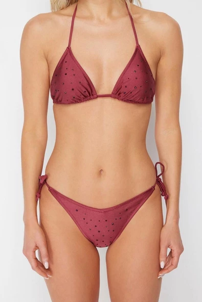 Moda Düz Atma Kap Üçgen Normal Bel Brief Bordo Üçgen Taşlı Regular Bikini Takımı