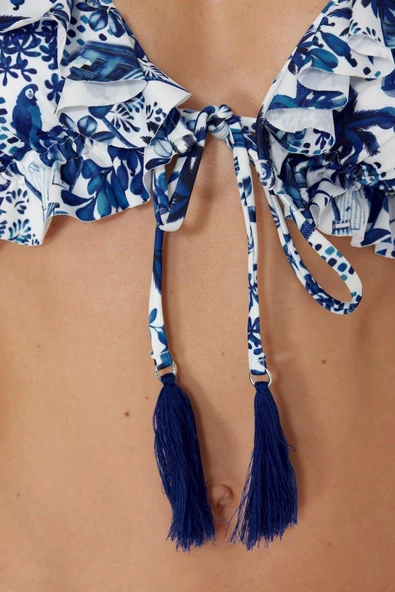 Moda Çiçekli Atma Kap Bralette Normal Bel Brief Çiçek Desenli Üçgen Fırfırlı Bikini Takımı - 5