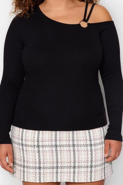 Moda Büyük Beden Asimetrik Yaka Örme Fit Düz Desen Casual Günlük Regular Uzun Kol Bluz