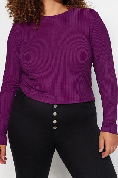 Moda Büyük Beden Bisiklet Yaka Örme Fit Düz Desen Casual Günlük Regular Uzun Kol Bluz