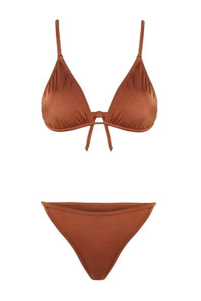 Moda Düz Atma Kap Üçgen Normal Bel Brief Kahverengi Üçgen Brazilian 3lü Bikini Takımı - 6