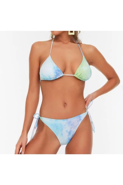 Moda Çiçekli Atma Kap Bralette Normal Bel Slip Mavi Üçgen Bağlamalı Regular Bikini Takımı