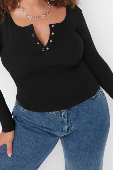 Moda Büyük Beden Havuz Yaka Örme Regular Düz Desen Casual Günlük Crop Uzun Kol Bluz