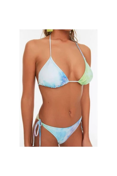 Moda Çiçekli Atma Kap Bralette Normal Bel Slip Mavi Üçgen Bağlamalı Regular Bikini Takımı - 4