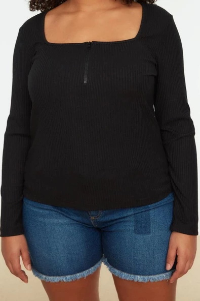 Moda Büyük Beden Kare Yaka Örme Fit Düz Desen Casual Günlük Crop Uzun Kol Bluz