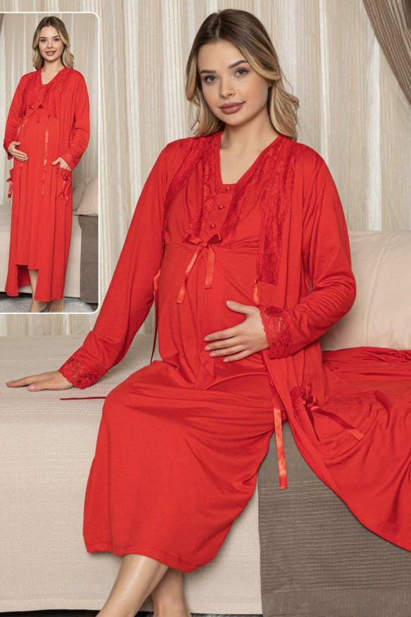 Kırmızı Lohusa Gecelik Takım Jenika 47161 Sabahlıklı 2 li Hamile Geceliği