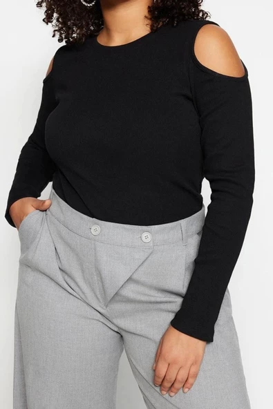 Moda Büyük Beden Bisiklet Yaka Örme Fit Düz Desen Casual Günlük Crop Uzun Kol Bluz
