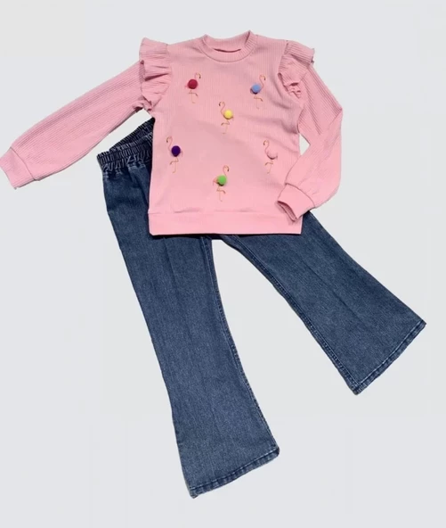 4-5-6 Yaş Kot Pantolonlu Flamingo Desenli Penye Sweat Uzun Kollu 2li Kız Çocuk Takımı Pembe