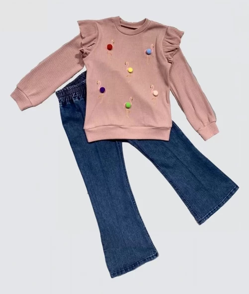 4-5-6 Yaş Kot Pantolonlu Flamingo Desenli Penye Sweat Uzun Kollu 2li Kız Çocuk Takımı Gül Kurusu