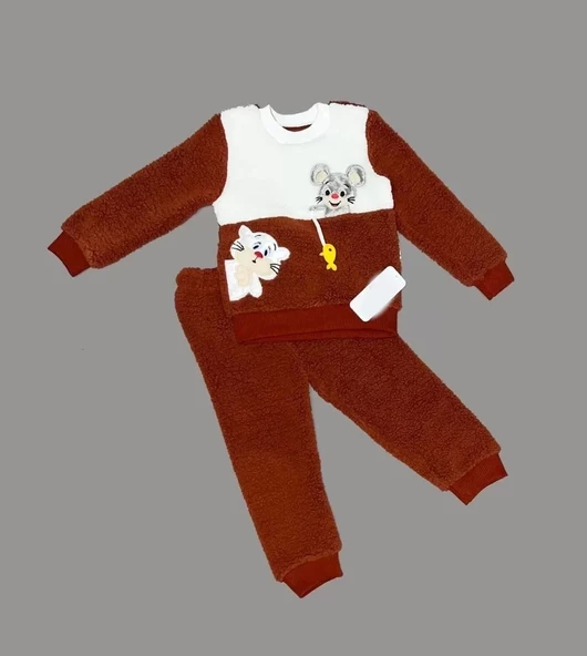 1-2-3 Yaş Sallanan Balık Nakışlı Kuzu Kumaş Sweat Pantolon Uzun Kollu Kız Erkek 2 Li Takımı Kahverengi