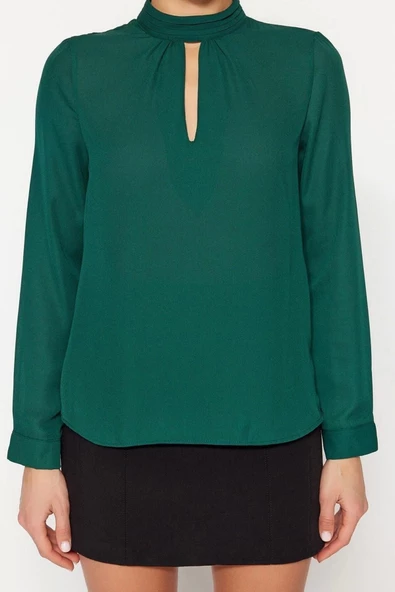 Moda Choker Yaka Dokuma Regular Düz Desen Resmi Regular Uzun Kol Bluz