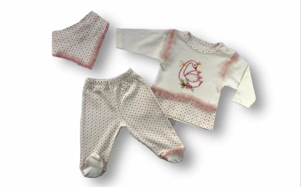 3-6 6-9 9-12 Ay Kraliçe Kuğu Nakışlı Bandajlı Uzun Kollu Sweatli 3lü Kız Bebek Takımı Ekru