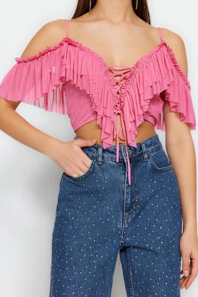 Moda V Yaka Örme Regular Düz Desen Şık gece Crop Kısa Kol Bluz