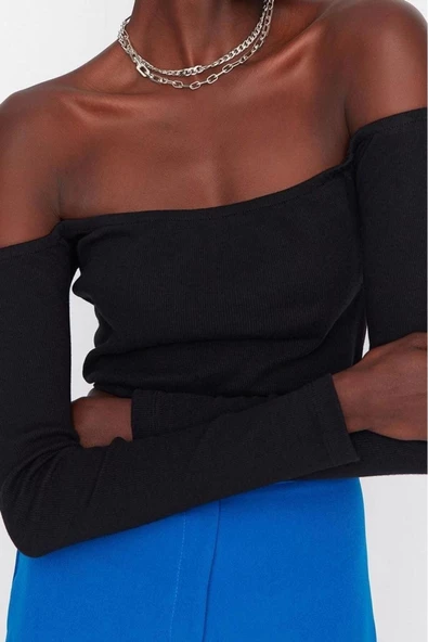 Moda Carmen Yaka Örme Slim Düz Desen Casual Günlük Super Crop Uzun Kol Bluz - 2