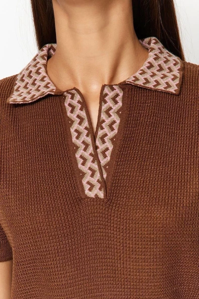 Moda Polo Yaka Triko Regular Düz Desen Casual Günlük Regular Kısa Kol Bluz - 5