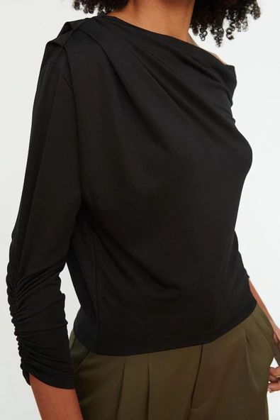Moda Asimetrik Yaka Örme Regular Düz Desen Resmi Regular Uzun Kol Bluz